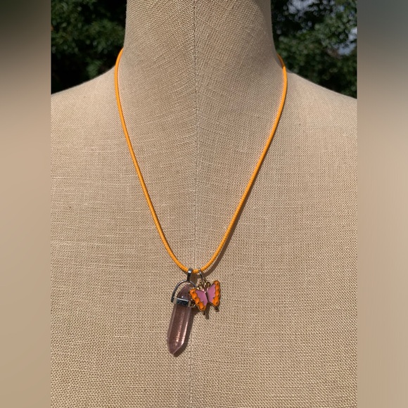 Handmade Dagger Light Pink Resin Crystal Amulet Necklace & Butterfly Charm - Picture 8 of 9